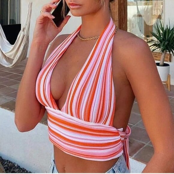 pink Crisscross Halter Cutout Tank Tops small - Picture 1 of 4